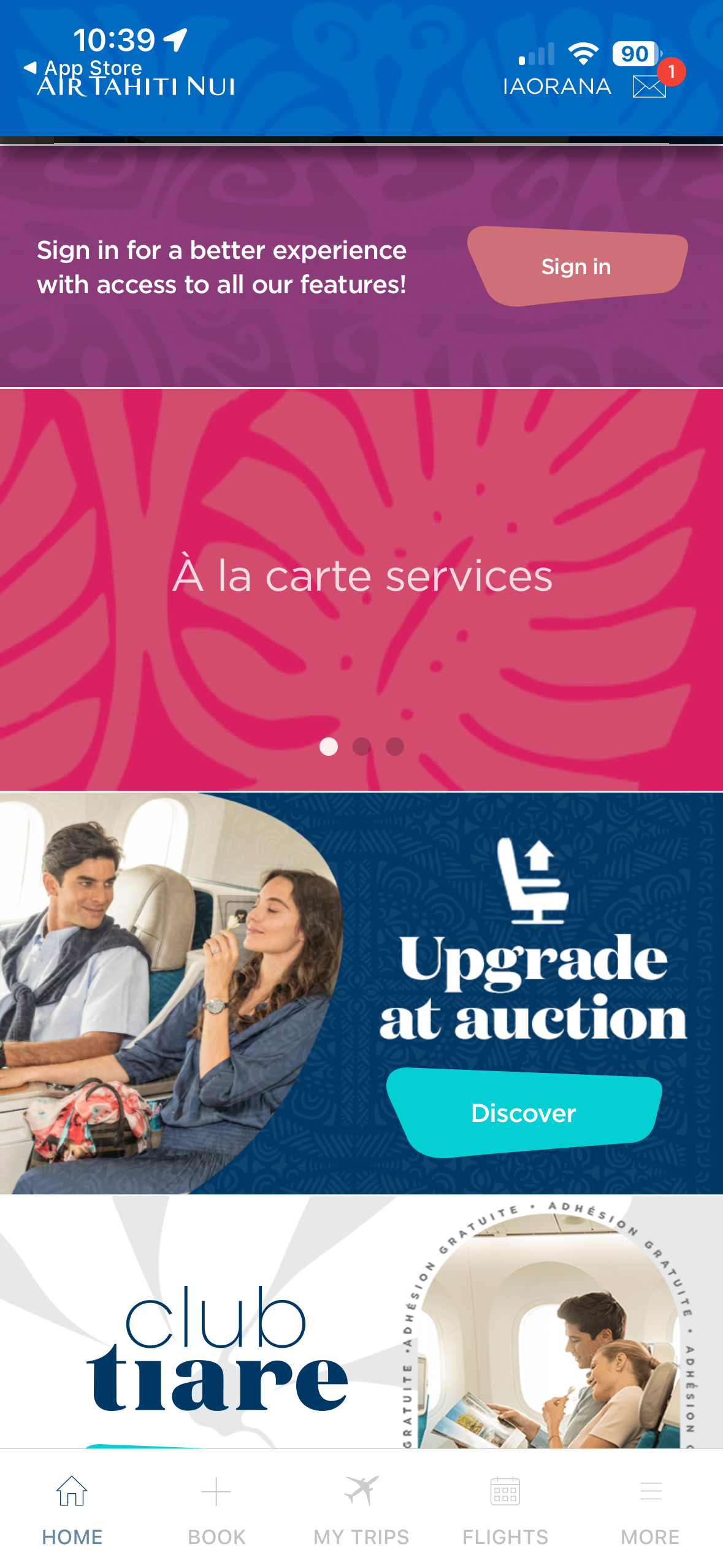 The original Air Tahiti Nui app home screen — clashing blue, purple, and hot-pink banners with competing patterns and no clear entry point