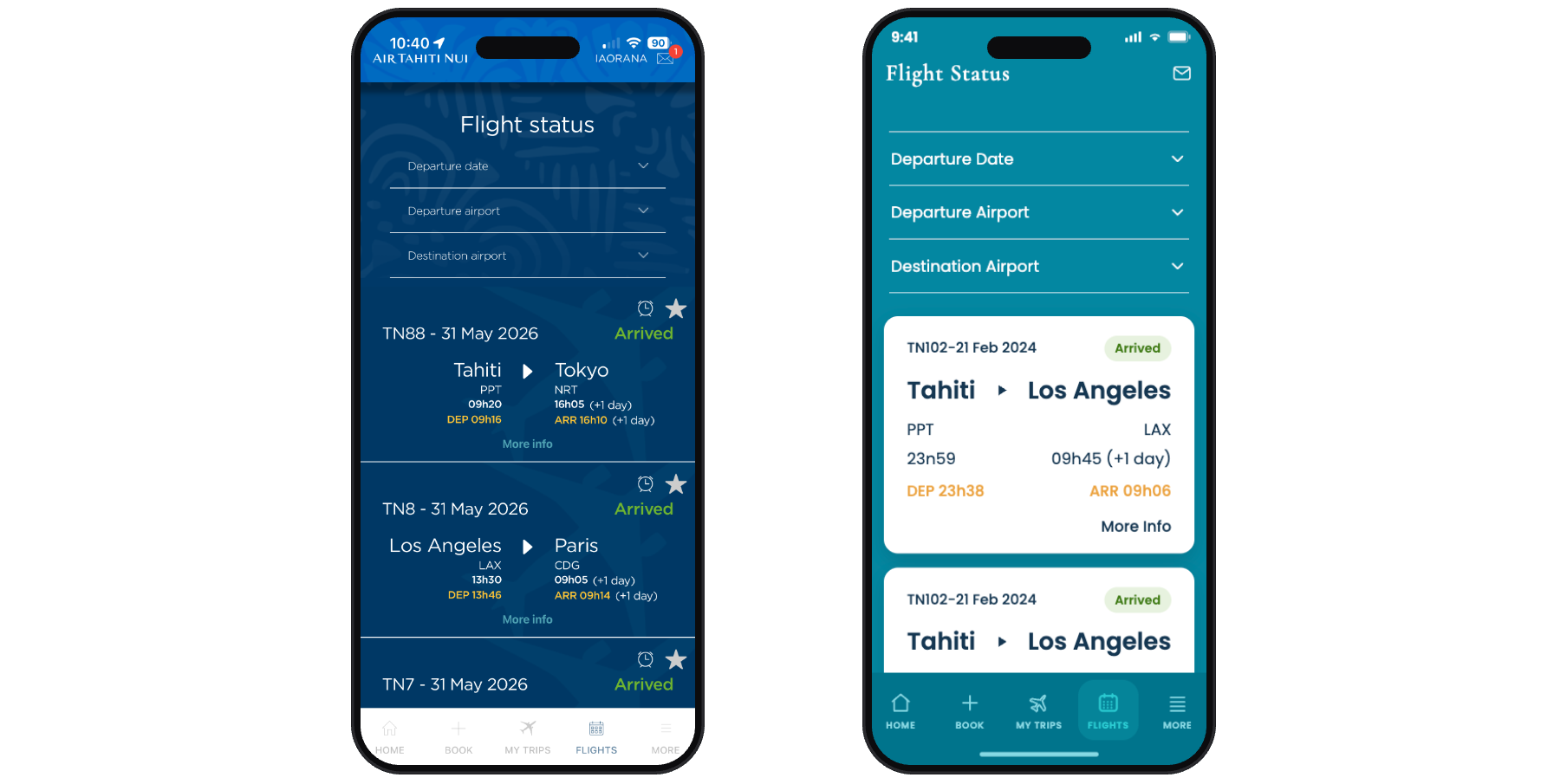 The flights screen — original beside the redesign.