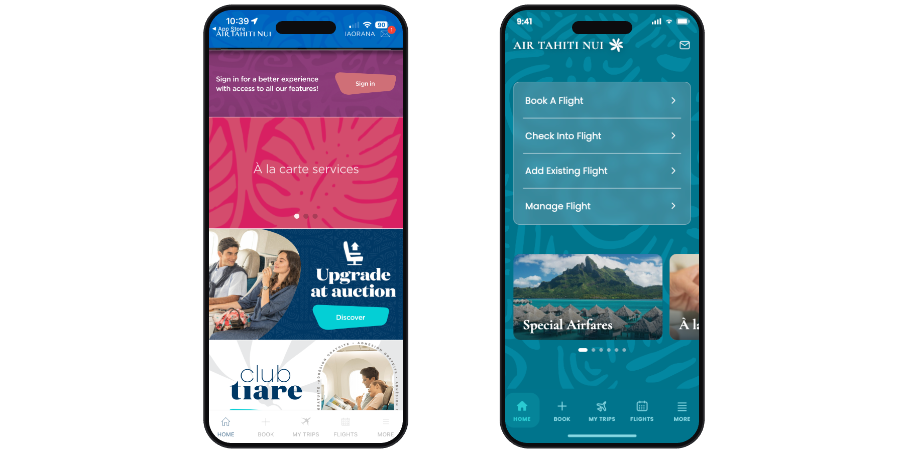 The home screen — original beside the redesign.