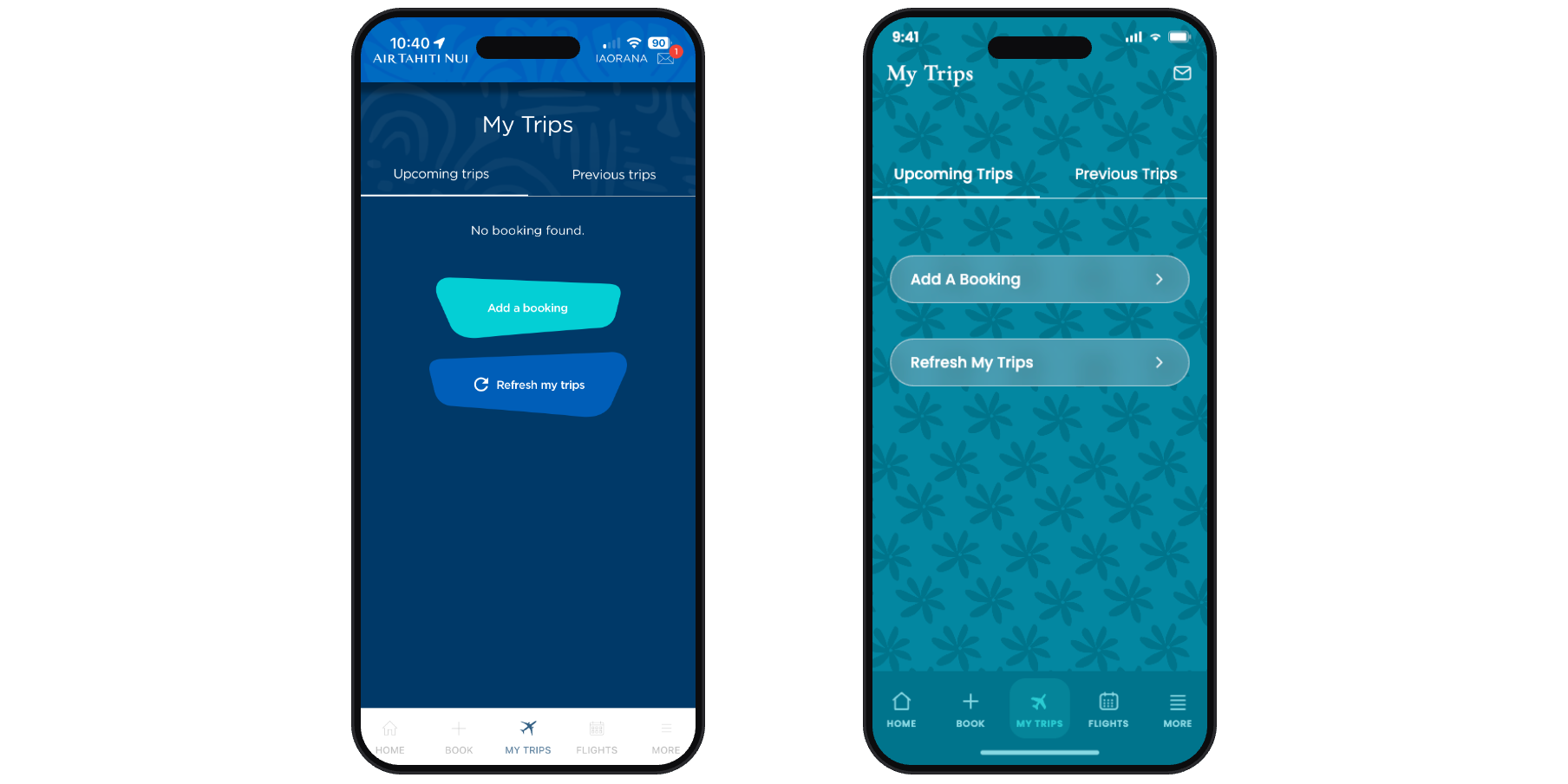The trips screen — original beside the redesign.