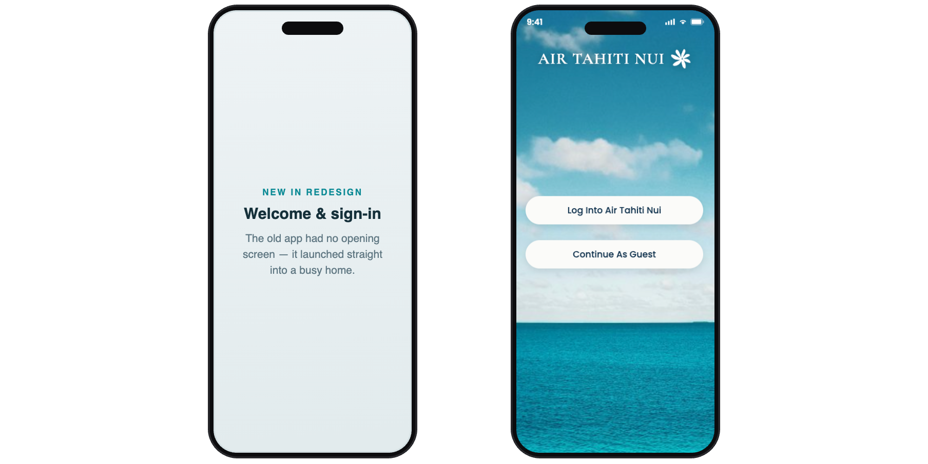 The opening screen — original beside the redesign.